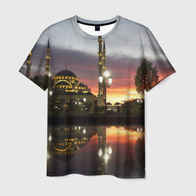Мужская футболка 3D с принтом Мечеть в Грозном , 100% полиэфир | прямой крой, круглый вырез горловины, длина до линии бедер | вода | город | грозный | закат | ичкерия | кааба | мечеть | огни | пейзаж | святилище | столица | фонтан | храм | чечня