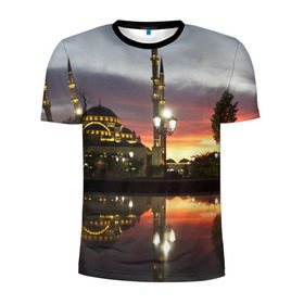 Мужская футболка 3D спортивная с принтом Мечеть в Грозном , 100% полиэстер с улучшенными характеристиками | приталенный силуэт, круглая горловина, широкие плечи, сужается к линии бедра | Тематика изображения на принте: вода | город | грозный | закат | ичкерия | кааба | мечеть | огни | пейзаж | святилище | столица | фонтан | храм | чечня