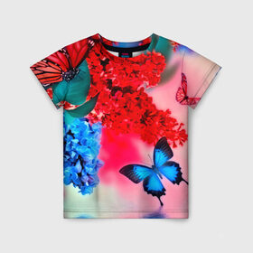 Детская футболка 3D с принтом Бабочки , 100% гипоаллергенный полиэфир | прямой крой, круглый вырез горловины, длина до линии бедер, чуть спущенное плечо, ткань немного тянется | flower | красные | цветочки | цветы