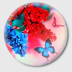 Значок с принтом Бабочки ,  металл | круглая форма, металлическая застежка в виде булавки | flower | красные | цветочки | цветы