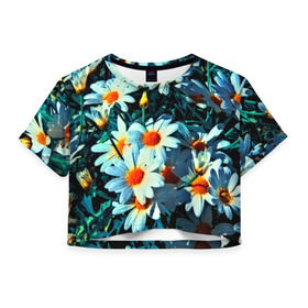Женская футболка 3D укороченная с принтом Полевые ромашки , 100% полиэстер | круглая горловина, длина футболки до линии талии, рукава с отворотами | flower | лето | полевой цветок | цветочки | цветы