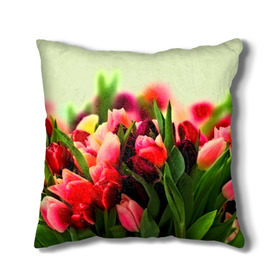 Подушка 3D с принтом Букет тюльпанов , наволочка – 100% полиэстер, наполнитель – холлофайбер (легкий наполнитель, не вызывает аллергию). | состоит из подушки и наволочки. Наволочка на молнии, легко снимается для стирки | flower | весна | цветочки | цветы