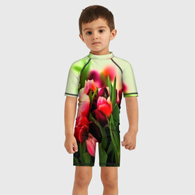 Детский купальный костюм 3D с принтом Букет тюльпанов , Полиэстер 85%, Спандекс 15% | застежка на молнии на спине | Тематика изображения на принте: flower | весна | цветочки | цветы