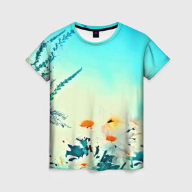 Женская футболка 3D с принтом chamomile , 100% полиэфир ( синтетическое хлопкоподобное полотно) | прямой крой, круглый вырез горловины, длина до линии бедер | Тематика изображения на принте: flower | лето | полевой цветок | цветочки | цветы