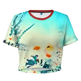 Женская футболка 3D укороченная с принтом chamomile , 100% полиэстер | круглая горловина, длина футболки до линии талии, рукава с отворотами | Тематика изображения на принте: flower | лето | полевой цветок | цветочки | цветы