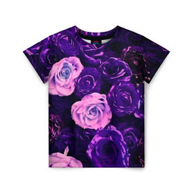Детская футболка 3D с принтом Фиолетовые розы , 100% гипоаллергенный полиэфир | прямой крой, круглый вырез горловины, длина до линии бедер, чуть спущенное плечо, ткань немного тянется | Тематика изображения на принте: flower | прикцветочки | розы | цветы