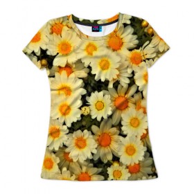 Женская футболка 3D с принтом Жёлтые цветочки , 100% полиэфир ( синтетическое хлопкоподобное полотно) | прямой крой, круглый вырез горловины, длина до линии бедер | flower | лето | полевой цветок | цветочки | цветы