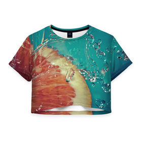 Женская футболка 3D укороченная с принтом Грейпфрут в воде , 100% полиэстер | круглая горловина, длина футболки до линии талии, рукава с отворотами | аппетитный | вода | грейпфрут | еда | красный | мокрый | пампельмус | помело | струя | цитрус | цитрусовые