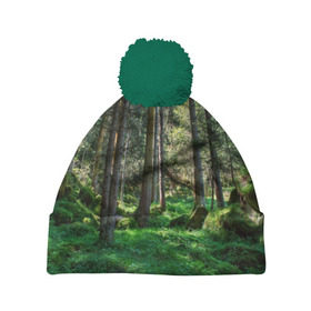 Шапка 3D c помпоном с принтом Темный лес , 100% полиэстер | универсальный размер, печать по всей поверхности изделия | бор | деревья | ель | ельник | заповедник | камни | красивый | лес | лето | мох | мрачный | прекрасный | природа | флора | чудесный