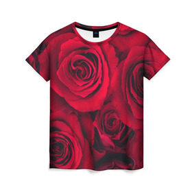 Женская футболка 3D с принтом Красные розы , 100% полиэфир ( синтетическое хлопкоподобное полотно) | прямой крой, круглый вырез горловины, длина до линии бедер | 8 марта | букет | весна | дары флоры | женщине | красные | лепестки | лето | любовь | отношения | подарок | розы | романтика | флора | цветок | цветы