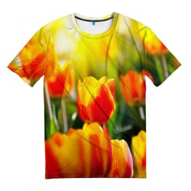 Мужская футболка 3D с принтом Тюльпаны , 100% полиэфир | прямой крой, круглый вырез горловины, длина до линии бедер | Тематика изображения на принте: 