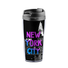 Термокружка-непроливайка с принтом Нью-Йорк , внутренняя часть — пищевой пластик, наружная часть — прозрачный пластик, между ними — полиграфическая вставка с рисунком | объем — 350 мл, герметичная крышка | america | capital | city | lights | new york | night | skyscrapers | tourism | usa | америка | город | ночь | нью йорк | огни | столица | сша | туризм