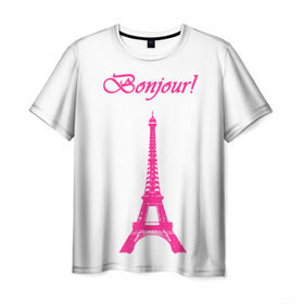 Мужская футболка 3D с принтом Bonjour , 100% полиэфир | прямой крой, круглый вырез горловины, длина до линии бедер | Тематика изображения на принте: bonjour | france | hi | paris | the eiffel tower | tourism | башня | париж | привет | туризм | франция | эйфелева