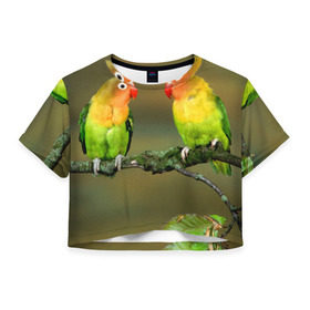 Женская футболка 3D укороченная с принтом Попугаи , 100% полиэстер | круглая горловина, длина футболки до линии талии, рукава с отворотами | двое | классный | клюв | красивый | крылья | попугай | попугайчик | птица | птичка | радужный