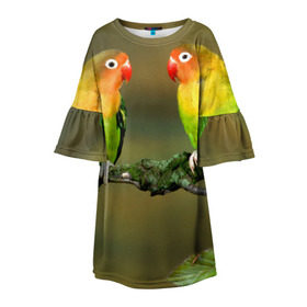 Детское платье 3D с принтом Попугаи , 100% полиэстер | прямой силуэт, чуть расширенный к низу. Круглая горловина, на рукавах — воланы | двое | классный | клюв | красивый | крылья | попугай | попугайчик | птица | птичка | радужный