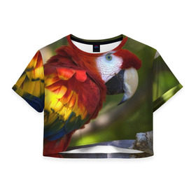 Женская футболка 3D укороченная с принтом Попугайчик , 100% полиэстер | круглая горловина, длина футболки до линии талии, рукава с отворотами | 