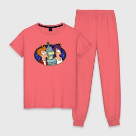 Женская пижама хлопок с принтом Futurama , 100% хлопок | брюки и футболка прямого кроя, без карманов, на брюках мягкая резинка на поясе и по низу штанин | futurama | бендер | лила | фрай | футурама