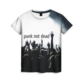 Женская футболка 3D с принтом Punk not dead , 100% полиэфир ( синтетическое хлопкоподобное полотно) | прямой крой, круглый вырез горловины, длина до линии бедер | punk not dead | бит | группа | драйв | дым | зал | концерт | музыка | надпись | панк | панк не умрет | панки | рок | слова | танцы | туман | тусовка | фраза | хой