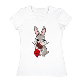 Женская футболка хлопок с принтом Любитель шоколада , 100% хлопок | прямой крой, круглый вырез горловины, длина до линии бедер, слегка спущенное плечо | животные | заяц | кролик | пасха | шоколад | юмор