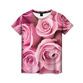 Женская футболка 3D с принтом Розовые розы , 100% полиэфир ( синтетическое хлопкоподобное полотно) | прямой крой, круглый вырез горловины, длина до линии бедер | 