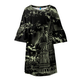 Детское платье 3D с принтом Москва , 100% полиэстер | прямой силуэт, чуть расширенный к низу. Круглая горловина, на рукавах — воланы | Тематика изображения на принте: кремль | ночь | пейзаж