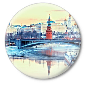 Значок с принтом Река Москва ,  металл | круглая форма, металлическая застежка в виде булавки | kremlin | moscow | russia | город | кремль | москва | ночь | огни | река