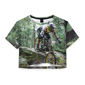 Женская футболка 3D укороченная с принтом Велоспорт гонка , 100% полиэстер | круглая горловина, длина футболки до линии талии, рукава с отворотами | велик | велосипед | гонка | горы | деревья | железный конь | колесо | лес | лисапед | природа | ровер | спорт | спортсмен | стальной конь | тандем | трицикл | шлем