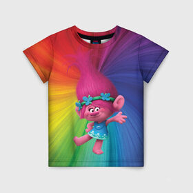 Детская футболка 3D с принтом Розочка тролли , 100% гипоаллергенный полиэфир | прямой крой, круглый вырез горловины, длина до линии бедер, чуть спущенное плечо, ткань немного тянется | trolls | детям | мультик | мультики | мультфильм | мультфильмы | радуга | разноцветные | разные цвета | розочка | тролли | тролль | цветные