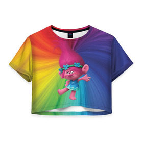 Женская футболка 3D укороченная с принтом Розочка тролли , 100% полиэстер | круглая горловина, длина футболки до линии талии, рукава с отворотами | trolls | детям | мультик | мультики | мультфильм | мультфильмы | радуга | разноцветные | разные цвета | розочка | тролли | тролль | цветные