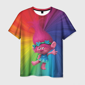 Мужская футболка 3D с принтом Розочка тролли , 100% полиэфир | прямой крой, круглый вырез горловины, длина до линии бедер | trolls | детям | мультик | мультики | мультфильм | мультфильмы | радуга | разноцветные | разные цвета | розочка | тролли | тролль | цветные