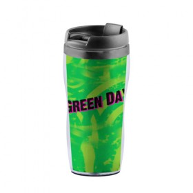 Термокружка-непроливайка с принтом Green Day 1 , внутренняя часть — пищевой пластик, наружная часть — прозрачный пластик, между ними — полиграфическая вставка с рисунком | объем — 350 мл, герметичная крышка | american idiot | green day | грин дей | грин дэй