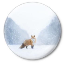 Значок с принтом лесная красотка ,  металл | круглая форма, металлическая застежка в виде булавки | зима | лес | лиса | рыжая | снег | тайга