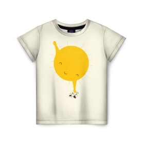 Детская футболка 3D с принтом Весеннее солнышко , 100% гипоаллергенный полиэфир | прямой крой, круглый вырез горловины, длина до линии бедер, чуть спущенное плечо, ткань немного тянется | Тематика изображения на принте: весна | рисунок | собака | солнце | солнышко | тепло | щенок