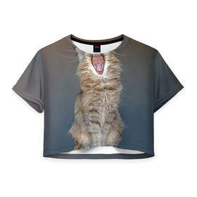 Женская футболка 3D укороченная с принтом Мартовский кот , 100% полиэстер | круглая горловина, длина футболки до линии талии, рукава с отворотами | кот | кошка | март | пасть | усы
