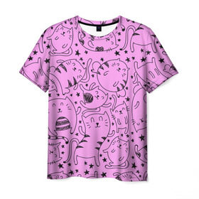 Мужская футболка 3D с принтом котейки , 100% полиэфир | прямой крой, круглый вырез горловины, длина до линии бедер | cat | кот | котейки | котик | кошка | рисунок | розовый