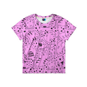 Детская футболка 3D с принтом котейки , 100% гипоаллергенный полиэфир | прямой крой, круглый вырез горловины, длина до линии бедер, чуть спущенное плечо, ткань немного тянется | cat | кот | котейки | котик | кошка | рисунок | розовый