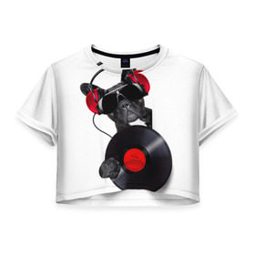 Женская футболка 3D укороченная с принтом собака-меломан , 100% полиэстер | круглая горловина, длина футболки до линии талии, рукава с отворотами | Тематика изображения на принте: бульдог | красный | музыка | наушники | очки | пластинка | собака | черный
