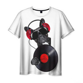 Мужская футболка 3D с принтом собака-меломан , 100% полиэфир | прямой крой, круглый вырез горловины, длина до линии бедер | бульдог | красный | музыка | наушники | очки | пластинка | собака | черный