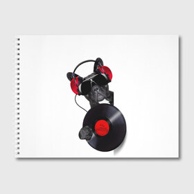 Альбом для рисования с принтом собака-меломан , 100% бумага
 | матовая бумага, плотность 200 мг. | Тематика изображения на принте: бульдог | красный | музыка | наушники | очки | пластинка | собака | черный