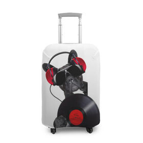Чехол для чемодана 3D с принтом собака-меломан , 86% полиэфир, 14% спандекс | двустороннее нанесение принта, прорези для ручек и колес | бульдог | красный | музыка | наушники | очки | пластинка | собака | черный