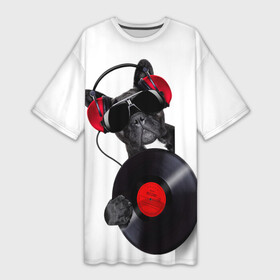 Платье-футболка 3D с принтом собака меломан ,  |  | бульдог | красный | музыка | наушники | очки | пластинка | собака | черный