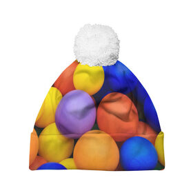 Шапка 3D c помпоном с принтом Цветные шарики , 100% полиэстер | универсальный размер, печать по всей поверхности изделия | 