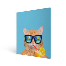 Холст квадратный с принтом котэ на отдыхе , 100% ПВХ |  | кот | котик | лето | море | отдых | очки | пальмы | пляж | рыжий кот | солнце