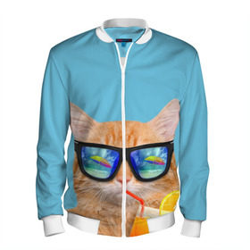 Мужской бомбер 3D с принтом котэ на отдыхе , 100% полиэстер | застегивается на молнию, по бокам два кармана без застежек, по низу бомбера и на воротнике - эластичная резинка | кот | котик | лето | море | отдых | очки | пальмы | пляж | рыжий кот | солнце