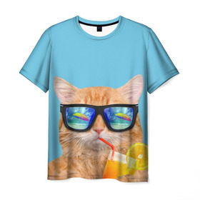 Мужская футболка 3D с принтом котэ на отдыхе , 100% полиэфир | прямой крой, круглый вырез горловины, длина до линии бедер | Тематика изображения на принте: кот | котик | лето | море | отдых | очки | пальмы | пляж | рыжий кот | солнце