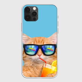 Чехол для iPhone 12 Pro Max с принтом котэ на отдыхе , Силикон |  | кот | котик | лето | море | отдых | очки | пальмы | пляж | рыжий кот | солнце