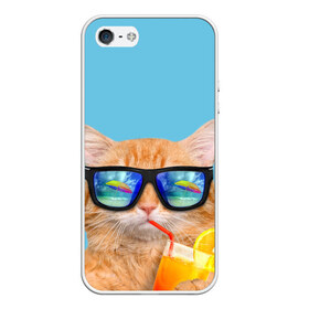 Чехол для iPhone 5/5S матовый с принтом котэ на отдыхе , Силикон | Область печати: задняя сторона чехла, без боковых панелей | кот | котик | лето | море | отдых | очки | пальмы | пляж | рыжий кот | солнце