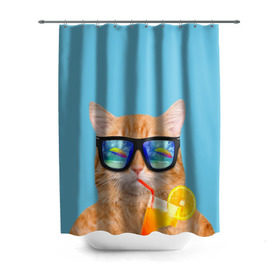 Штора 3D для ванной с принтом котэ на отдыхе , 100% полиэстер | плотность материала — 100 г/м2. Стандартный размер — 146 см х 180 см. По верхнему краю — пластиковые люверсы для креплений. В комплекте 10 пластиковых колец | кот | котик | лето | море | отдых | очки | пальмы | пляж | рыжий кот | солнце