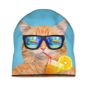 Шапка 3D с принтом котэ на отдыхе , 100% полиэстер | универсальный размер, печать по всей поверхности изделия | кот | котик | лето | море | отдых | очки | пальмы | пляж | рыжий кот | солнце