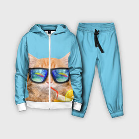 Детский костюм 3D с принтом котэ на отдыхе ,  |  | кот | котик | лето | море | отдых | очки | пальмы | пляж | рыжий кот | солнце
